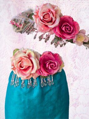 Ethereal Romance | Pink | Sash | Vintage Millinery Roses and Beaded Fringe Belt